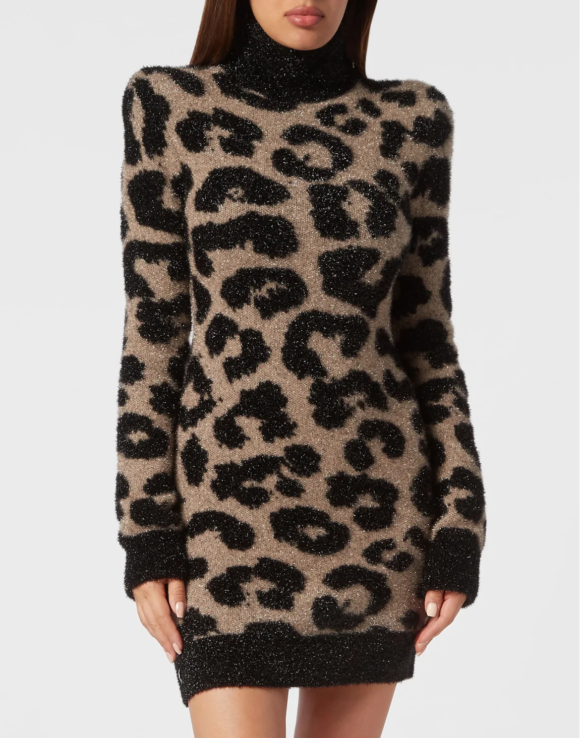 Padded Shoulder Lurex Turtleneck Dress, цвет: Леопард