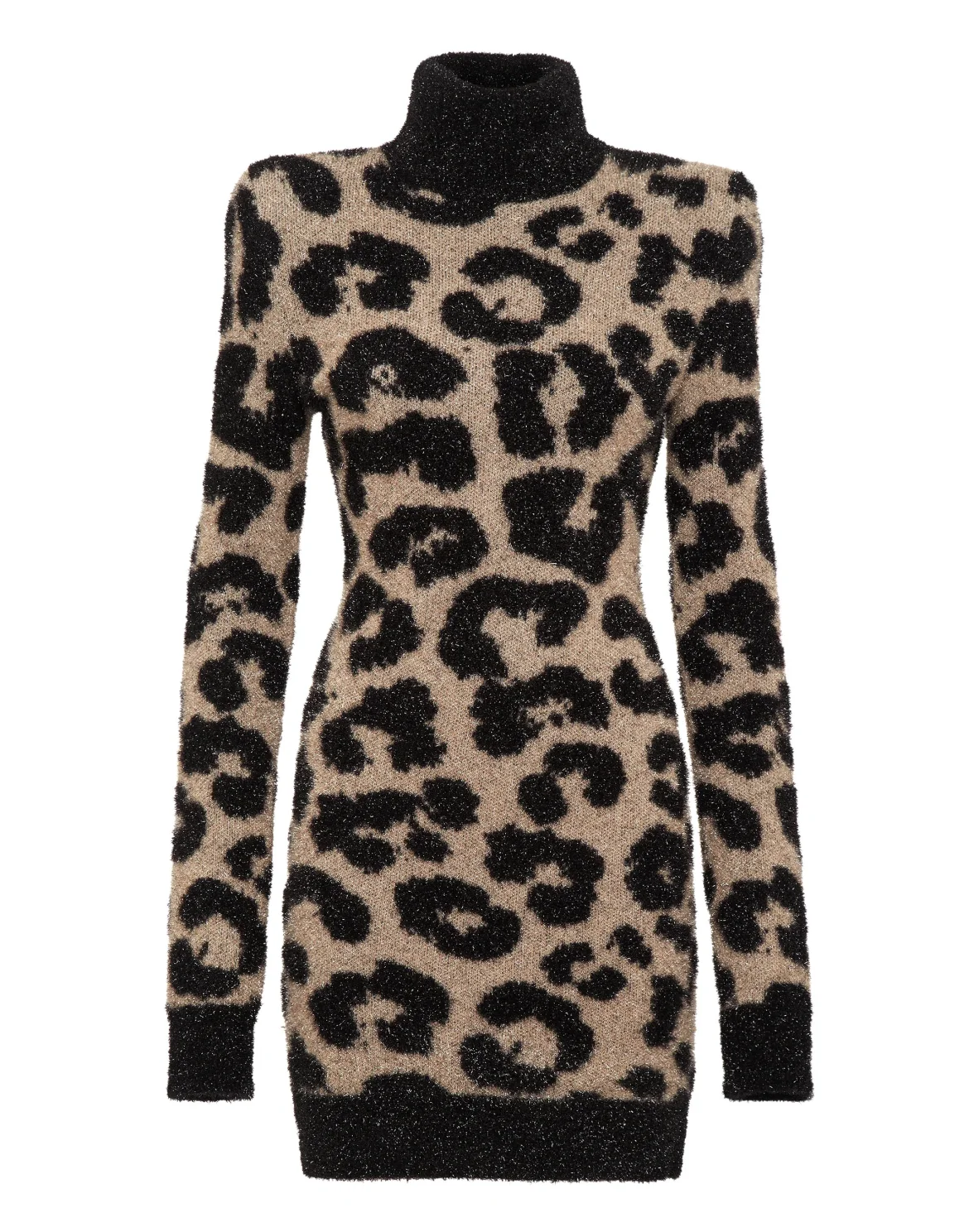 Padded Shoulder Lurex Turtleneck Dress, цвет: Леопард