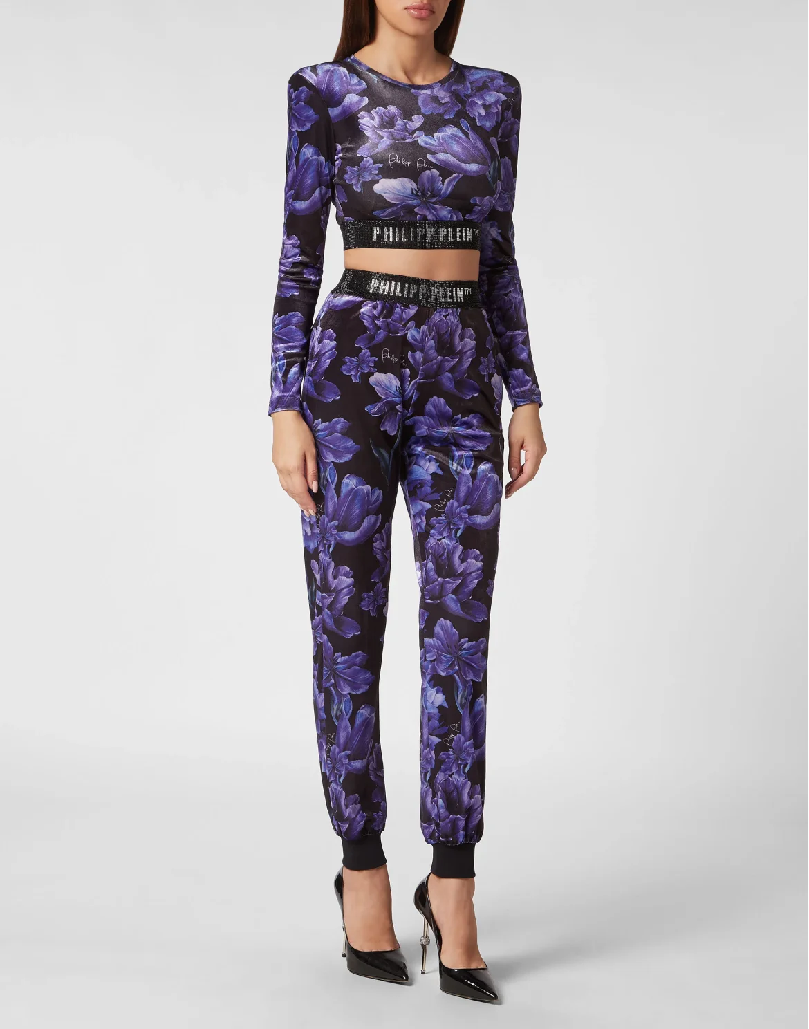Long-sleeve Padded Shoulder Cropped Top Flowers, цвет: Черный