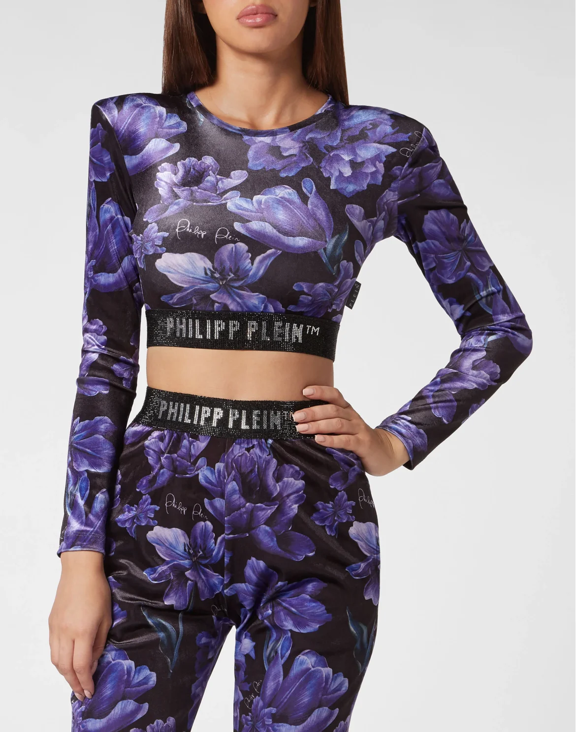 Long-sleeve Padded Shoulder Cropped Top Flowers, цвет: Черный