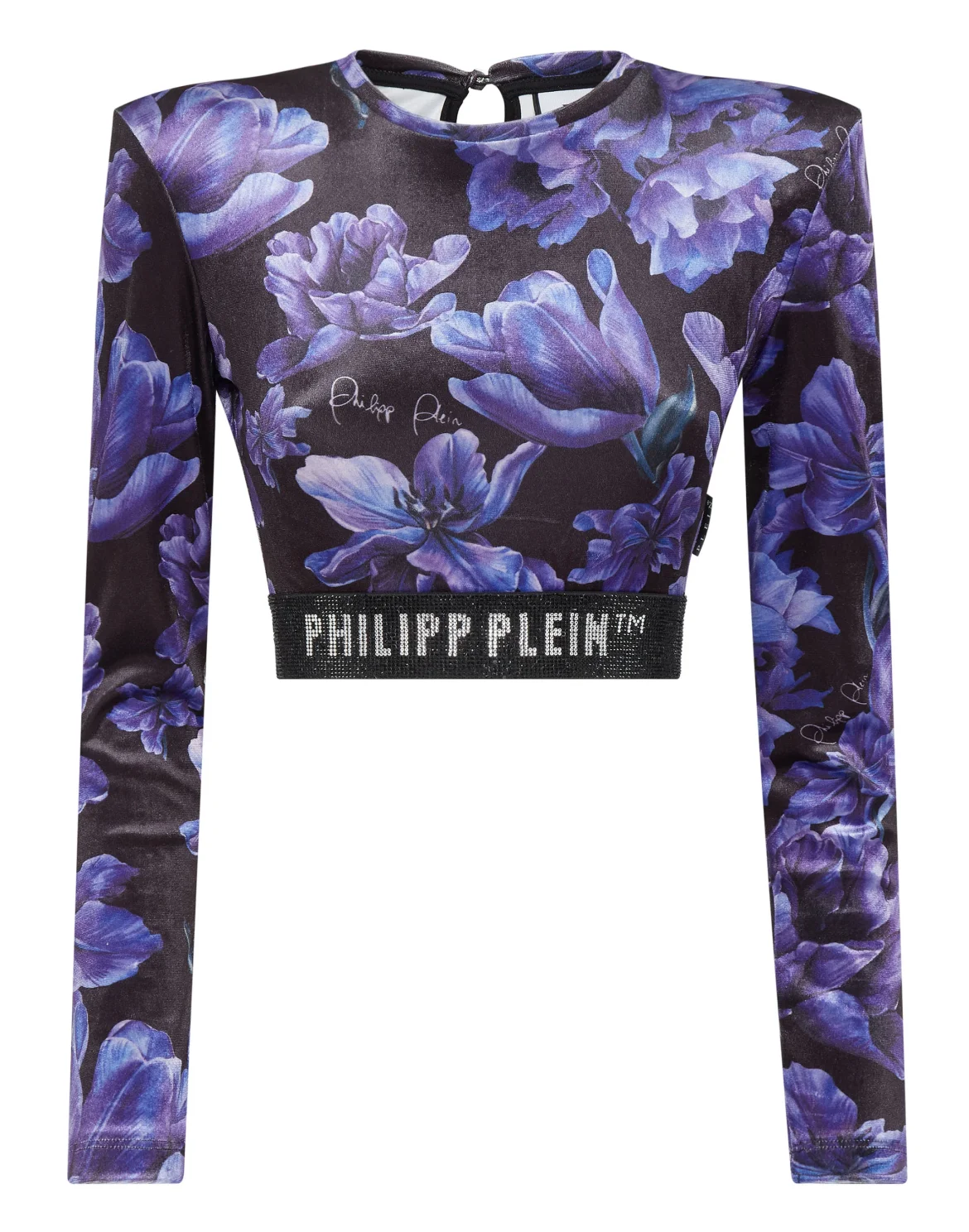 Long-sleeve Padded Shoulder Cropped Top Flowers, цвет: Черный