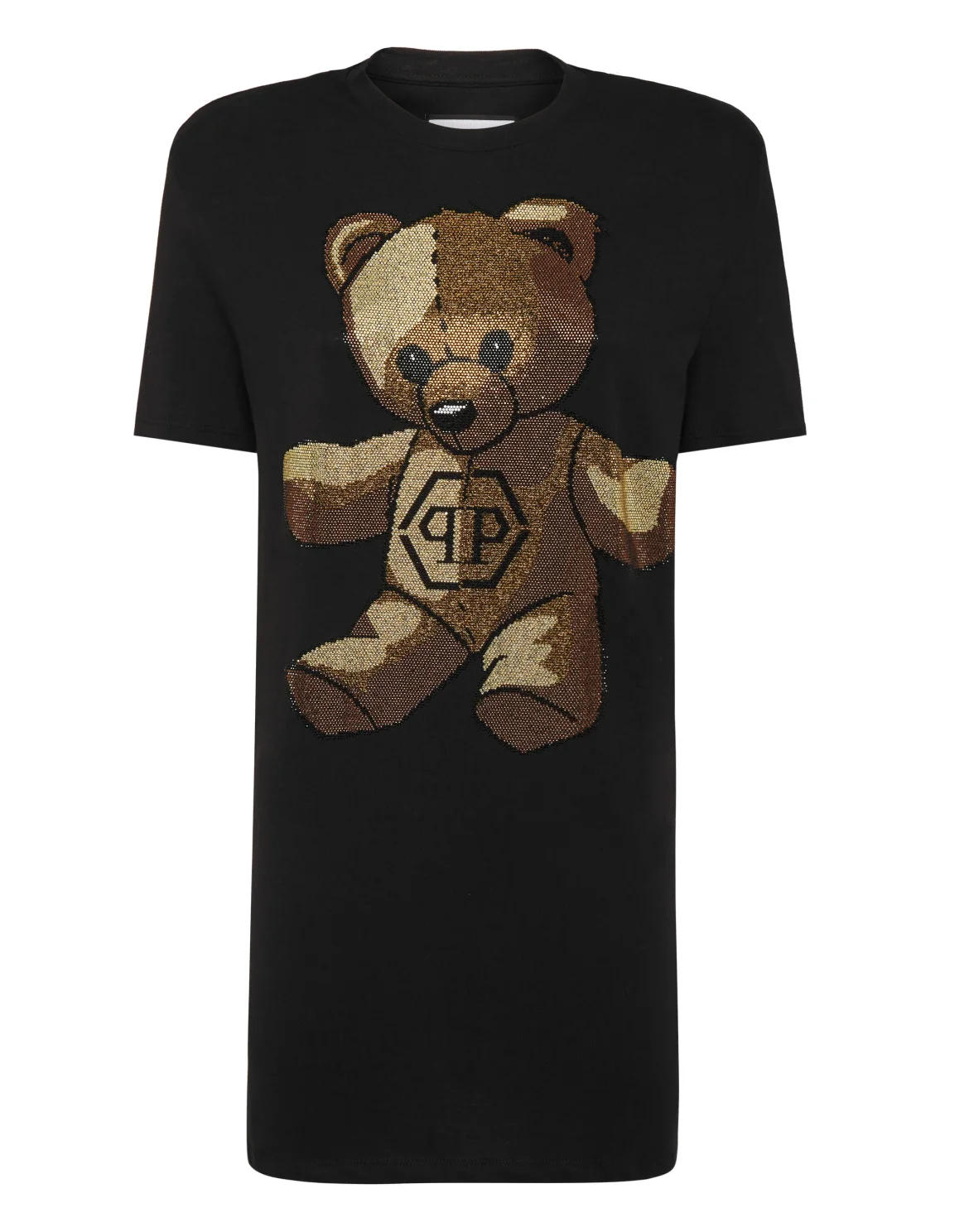 Padded Shoulder T-Shirt Dress with Crystals Teddy Bear, цвет: Черный