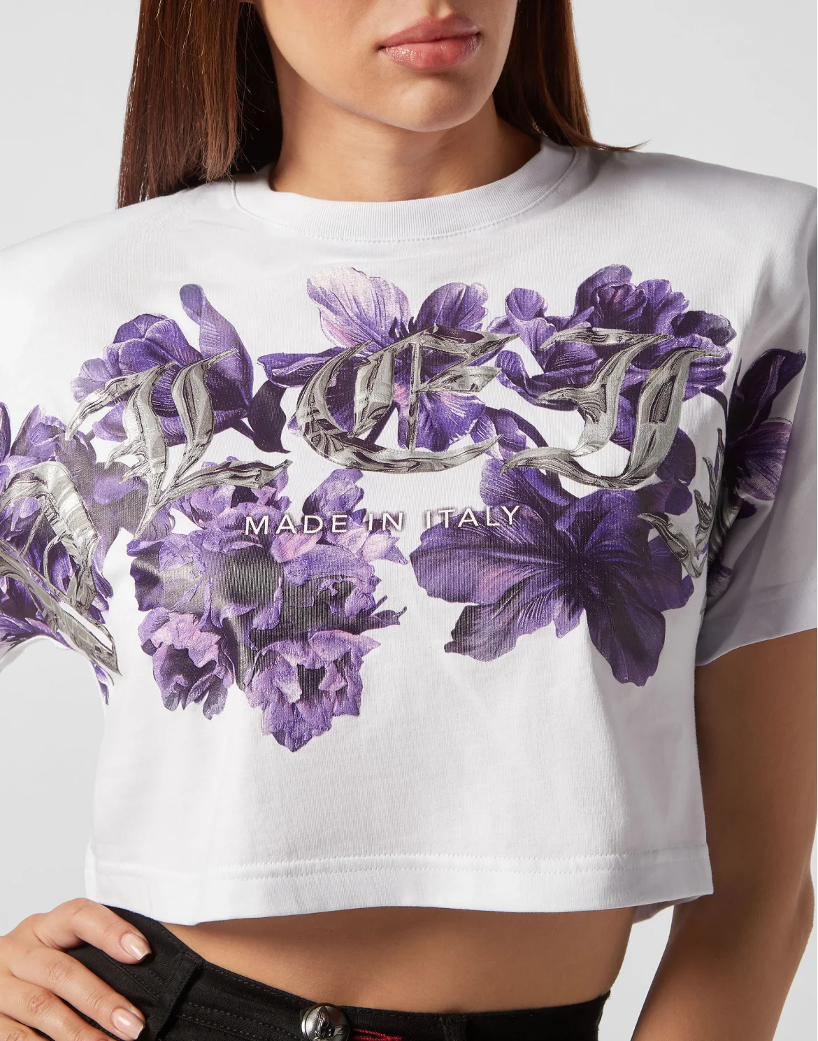 Padded Shoulder Cropped Top Flowers, цвет: Белый