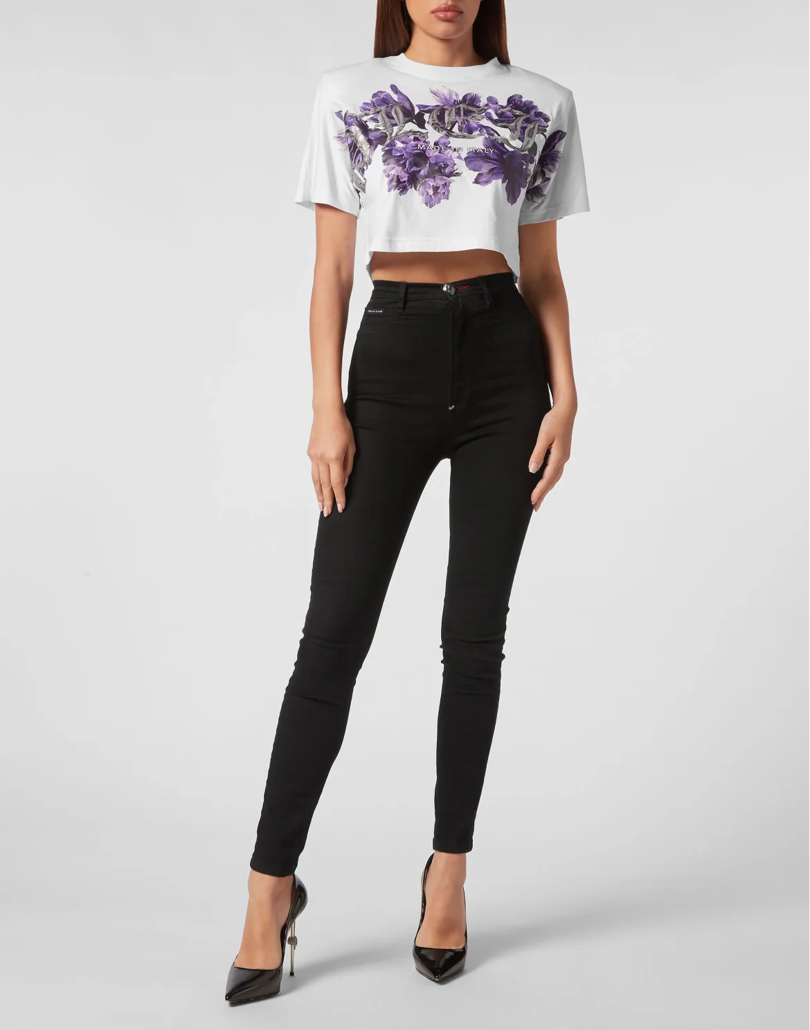 Padded Shoulder Cropped Top Flowers, цвет: Белый
