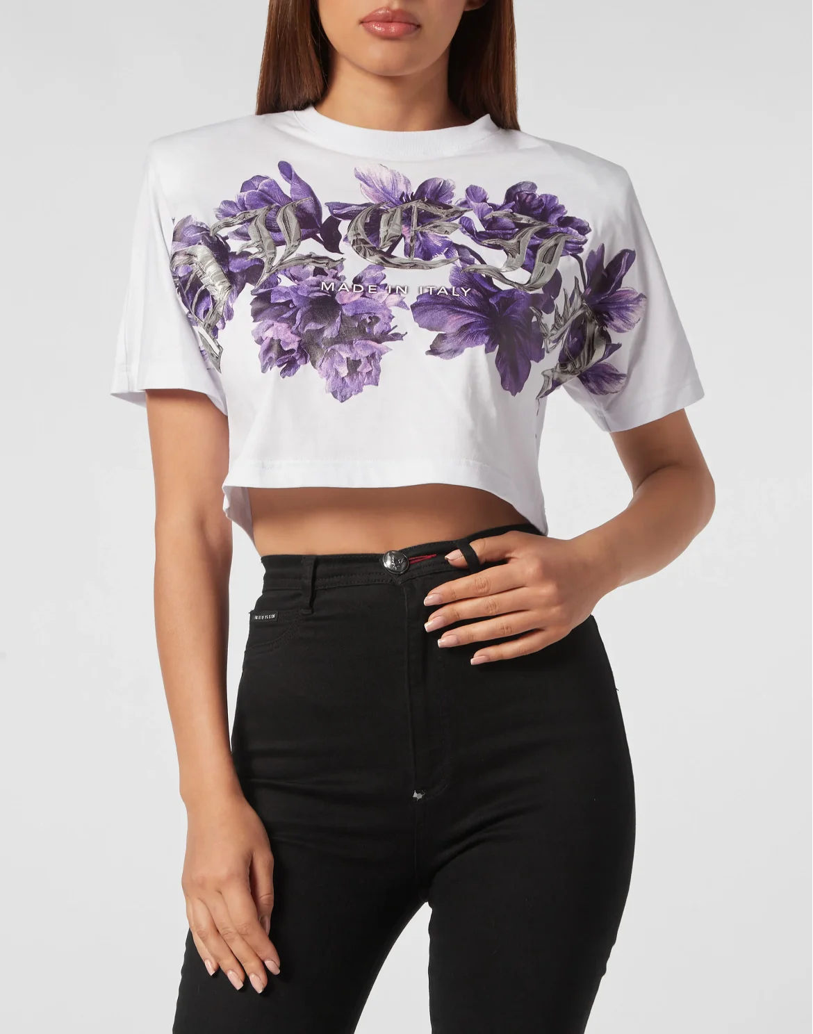 Padded Shoulder Cropped Top Flowers, цвет: Белый