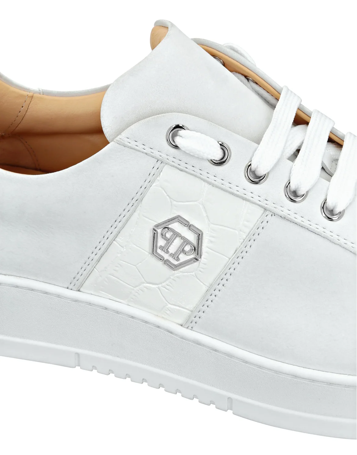 Nabuk Lo-Top Sneakers with Croco Print Hexagon, цвет: Белый