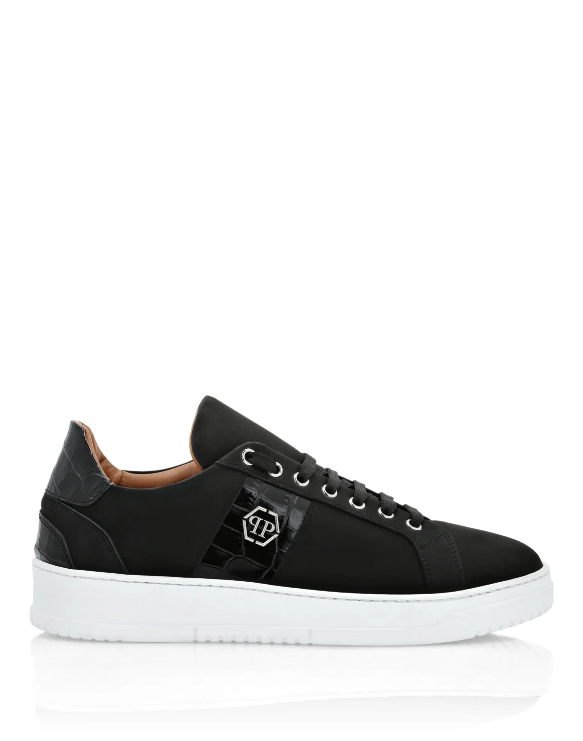 Nabuk Lo-Top Sneakers with Croco Print Hexagon, цвет: Черный