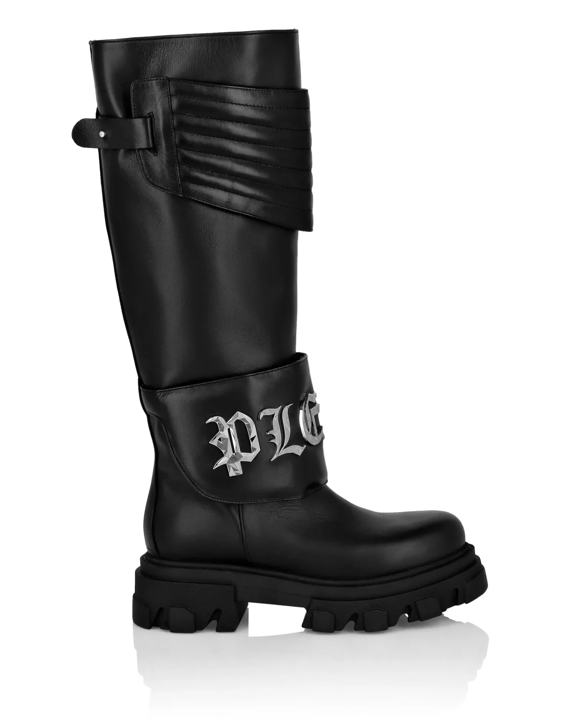 Leather Boots High Flat Gothic Plein, цвет: Черный