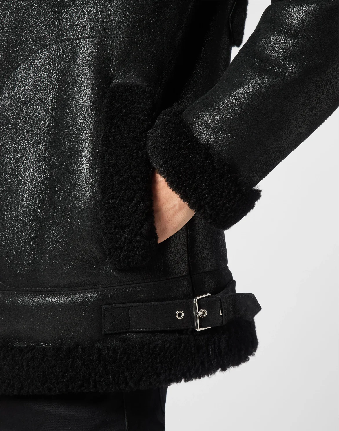 Shearling Leather Biker Jacket, цвет: Черный