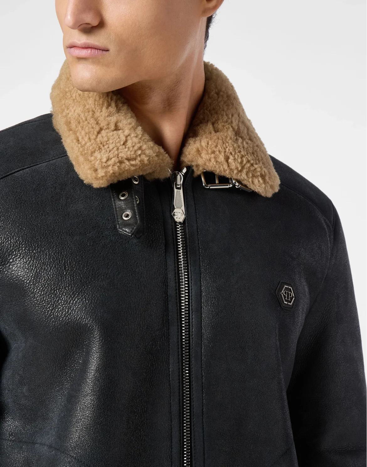 Shearling Leather Biker Jacket, цвет: Черный