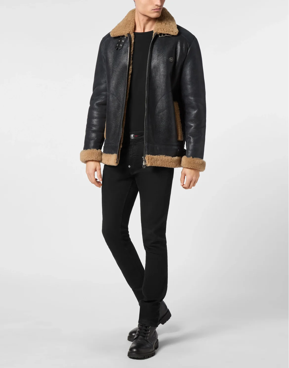 Shearling Leather Biker Jacket, цвет: Черный
