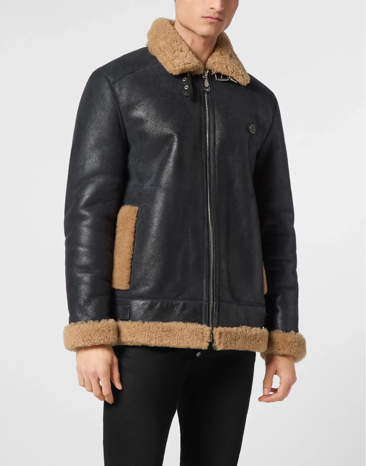 Shearling Leather Biker Jacket, цвет: Черный