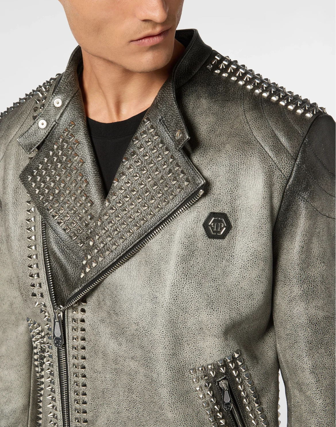 Leather Biker Jacket With Patch Studs, цвет: Черный