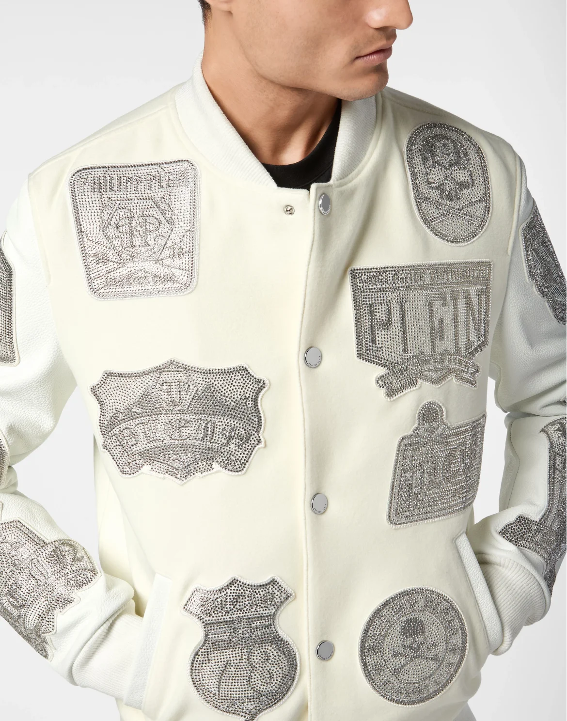 Crystal College Bomber With Leather Sleeves Patches, цвет: Белый