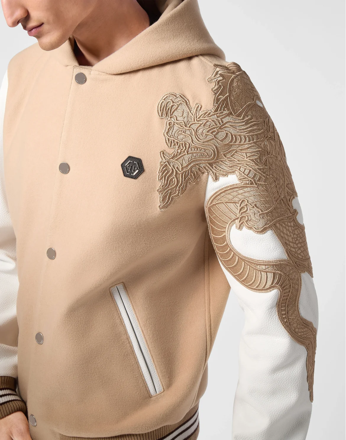 College Bomber With Leather Sleeves Monogram, цвет: Бежевый