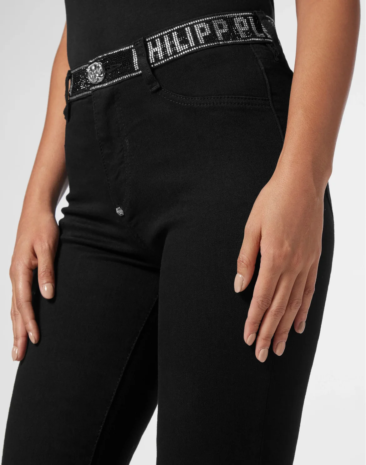 Denim Strass Band High Waist Jegging Trousers, цвет: Черный