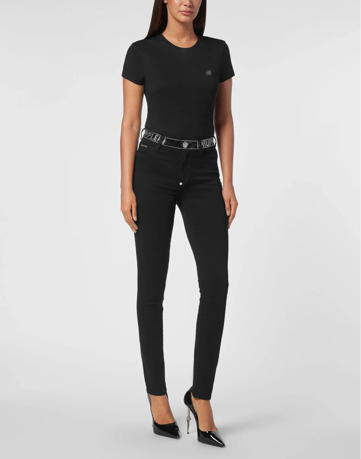 Denim Strass Band High Waist Jegging Trousers, цвет: Черный