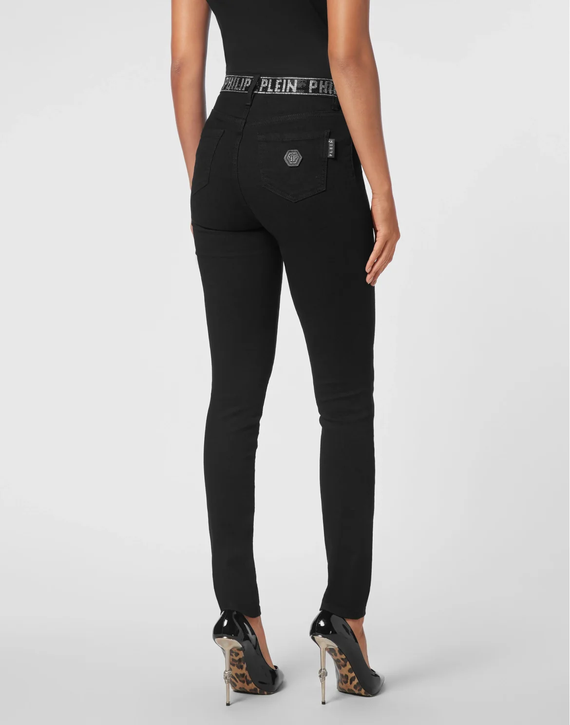 Denim Strass Band High Waist Jegging Trousers, цвет: Черный