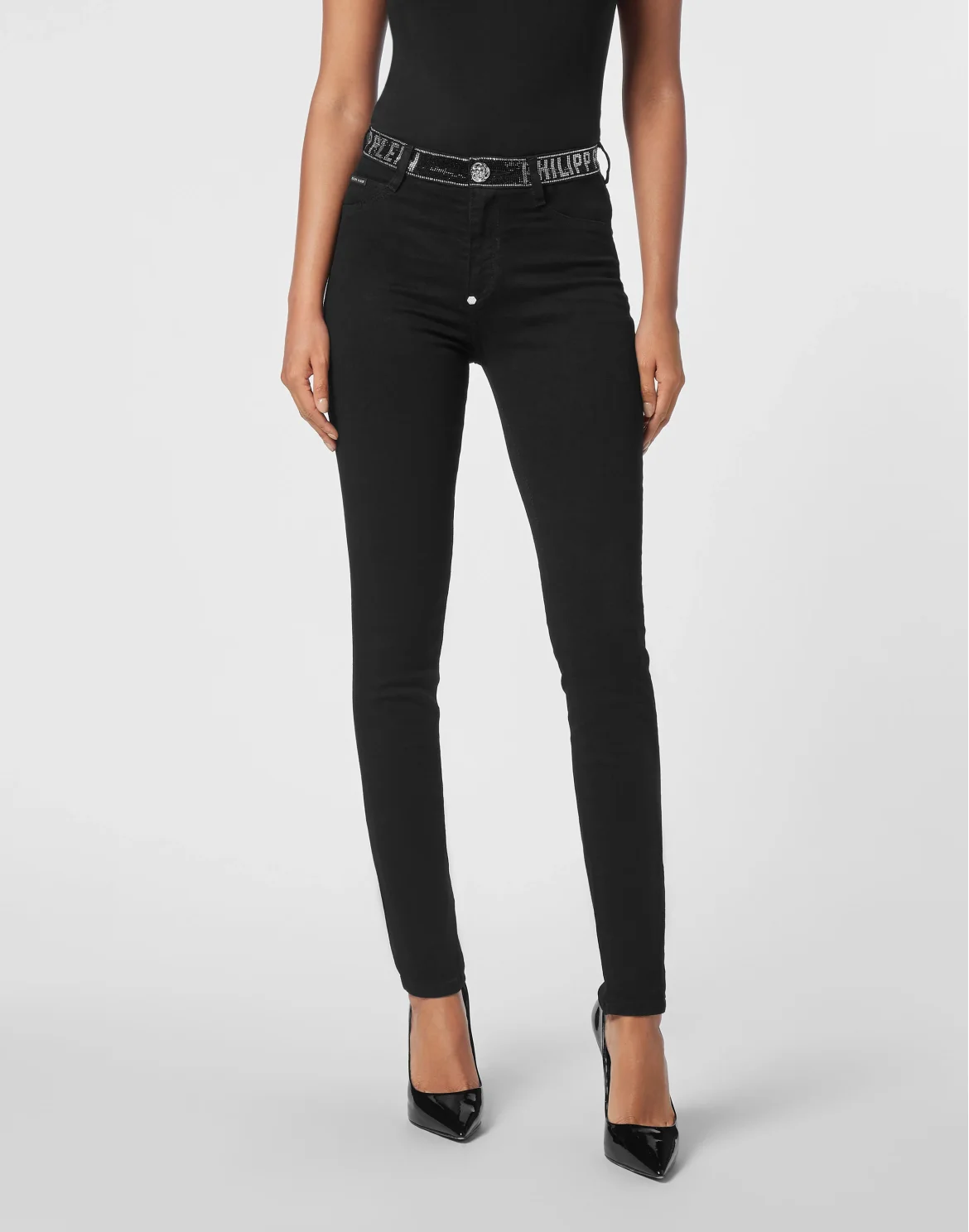 Denim Strass Band High Waist Jegging Trousers, цвет: Черный