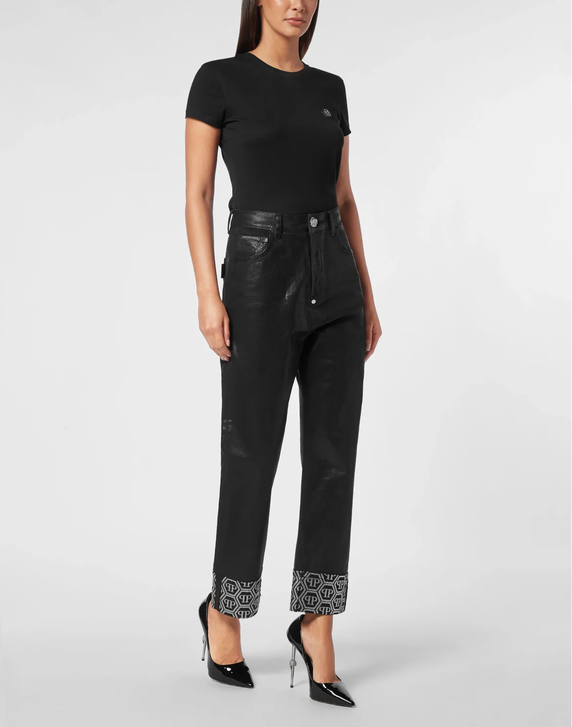 Denim Trousers Loose Fit Cufffed Monogram, цвет: Черный
