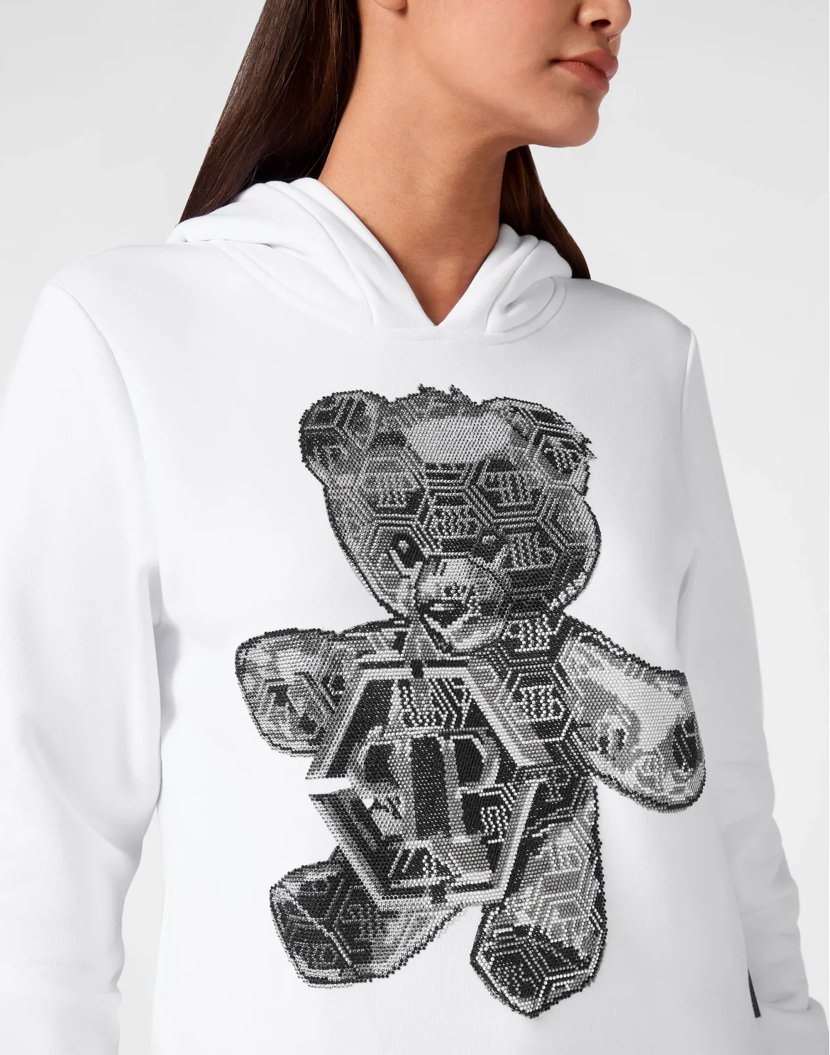 Oversize Hoodie Sweatshirt Strass Teddy Bear, цвет: Белый
