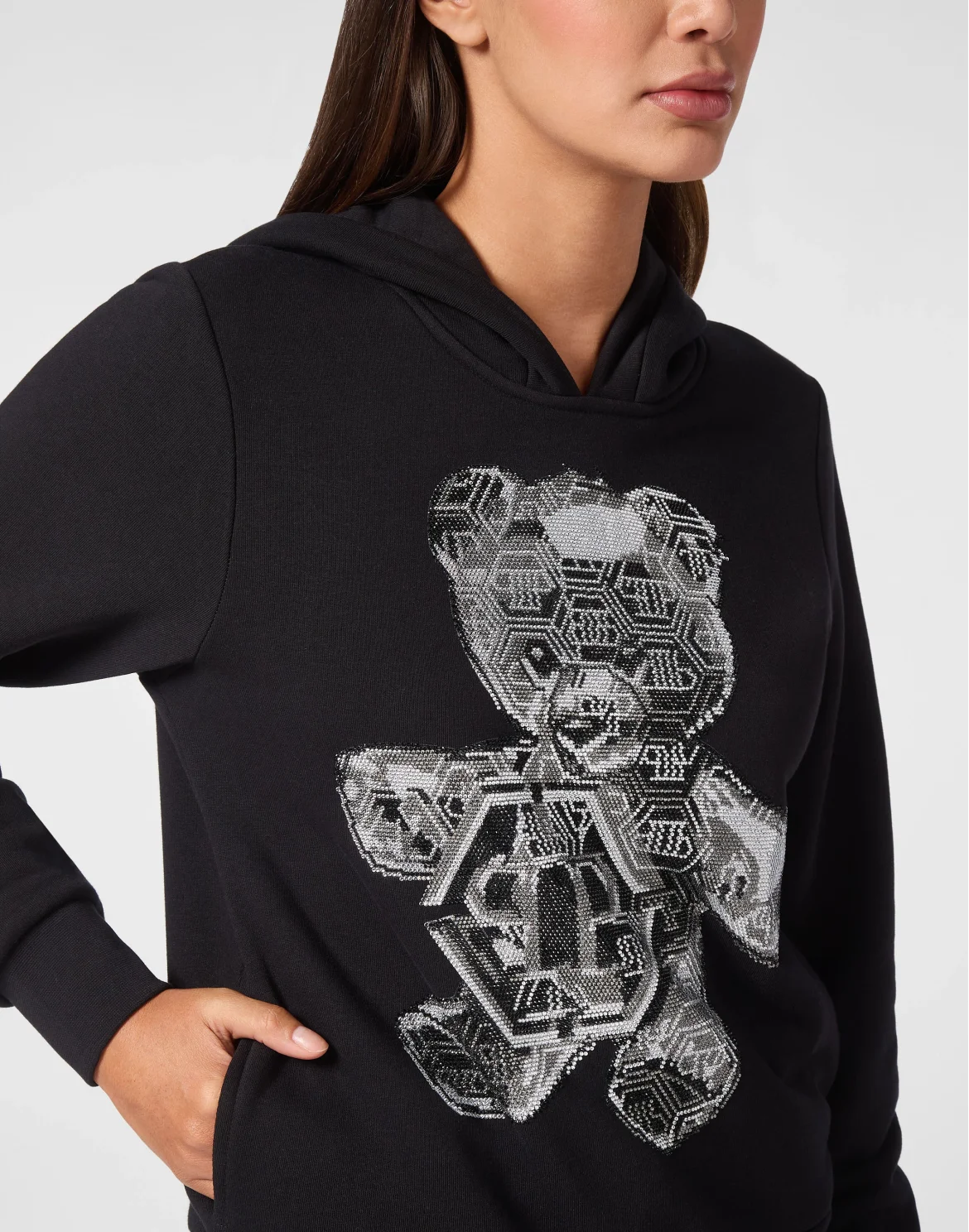Oversize Hoodie Sweatshirt Strass Teddy Bear, цвет: Черный