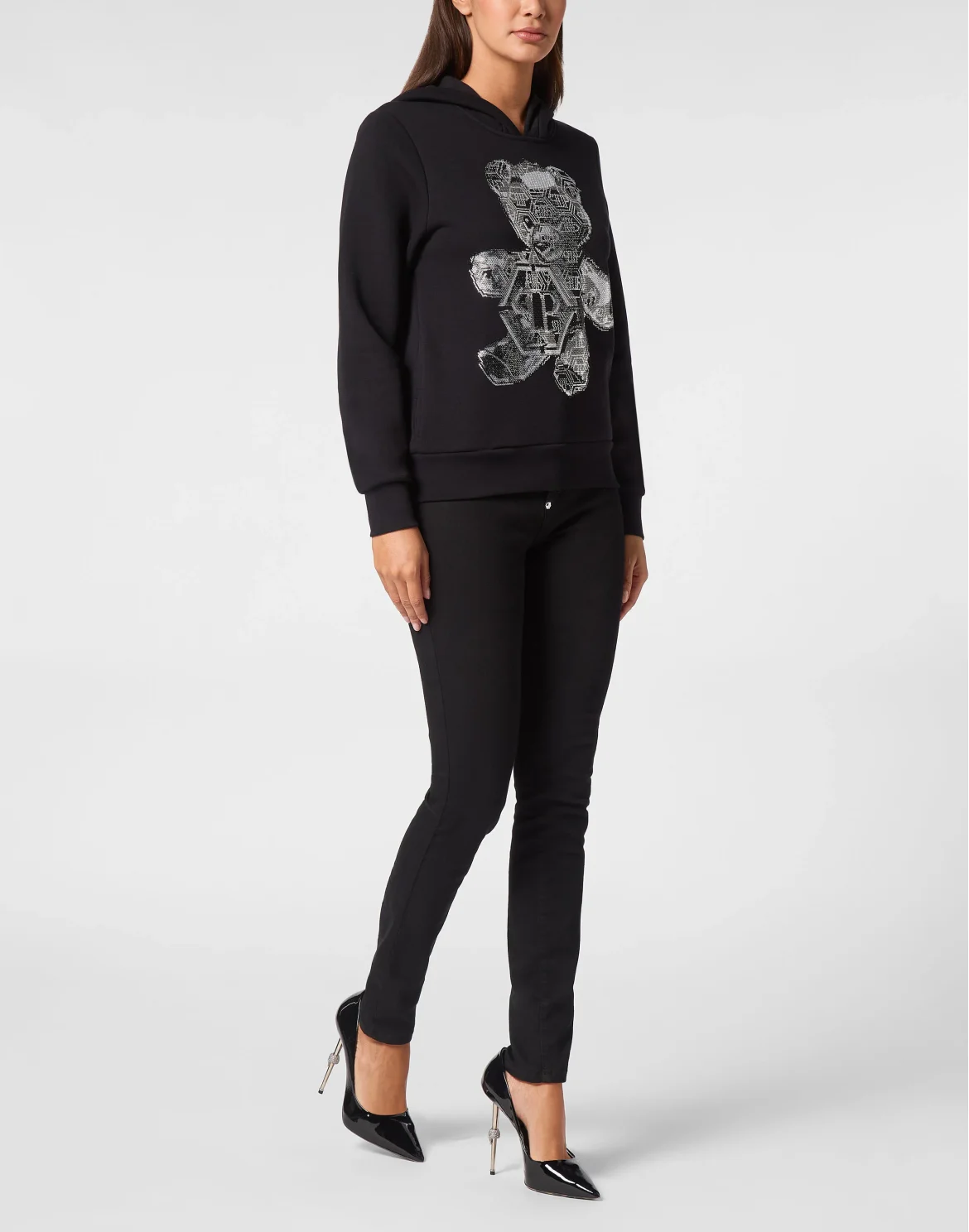 Oversize Hoodie Sweatshirt Strass Teddy Bear, цвет: Черный