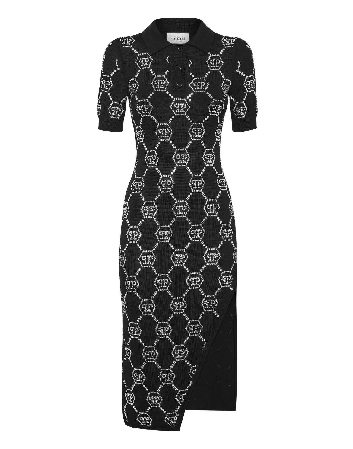 Knitted Strass Polo Dress With Padded Shoulders Monogram, цвет: Черный
