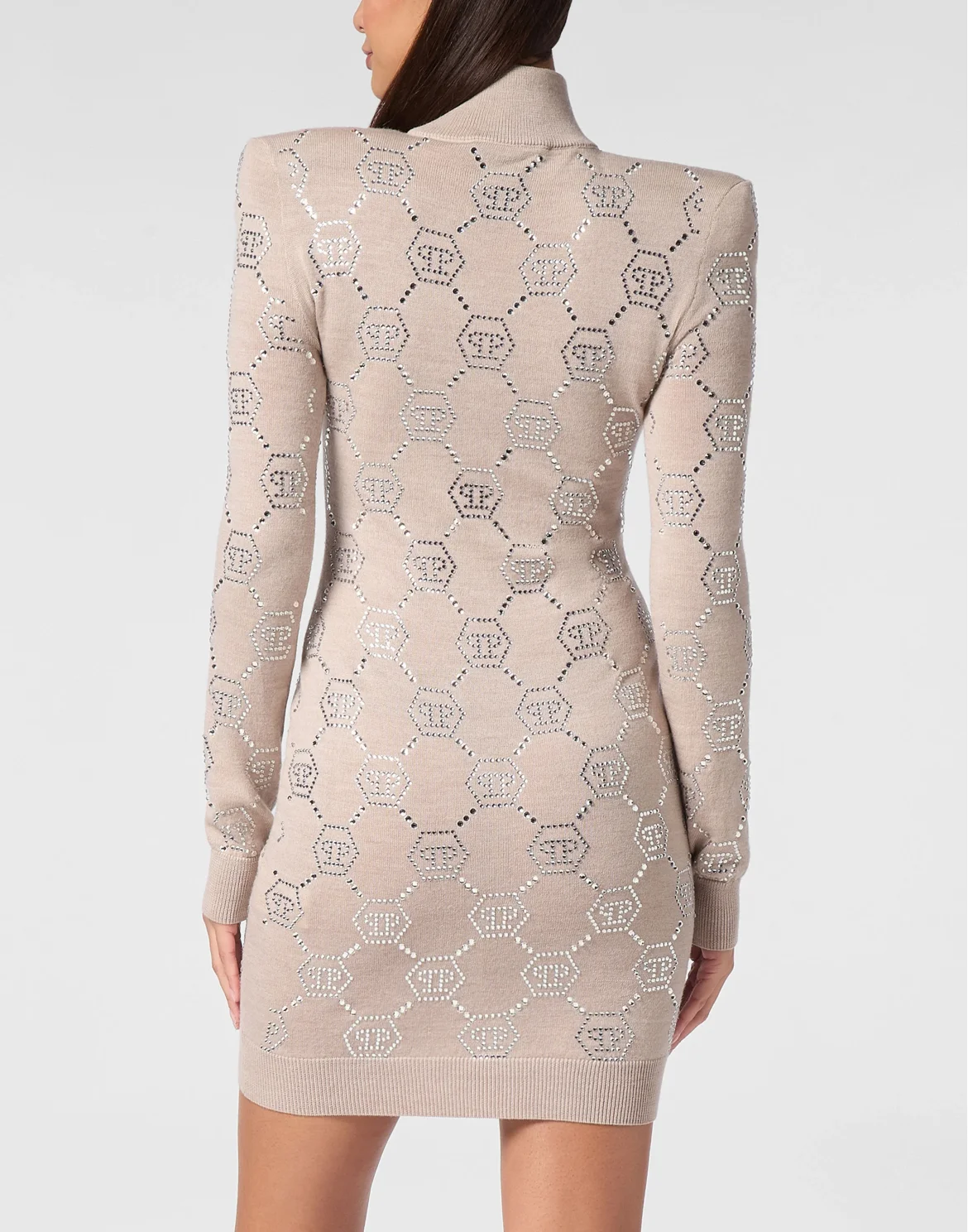 Knitted Strass Mini Dress With Padded Shoulders Monogram, цвет: Бежевый