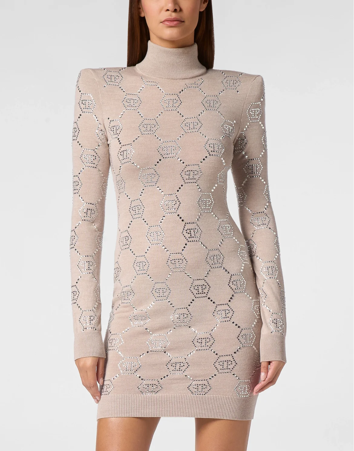 Knitted Strass Mini Dress With Padded Shoulders Monogram, цвет: Бежевый