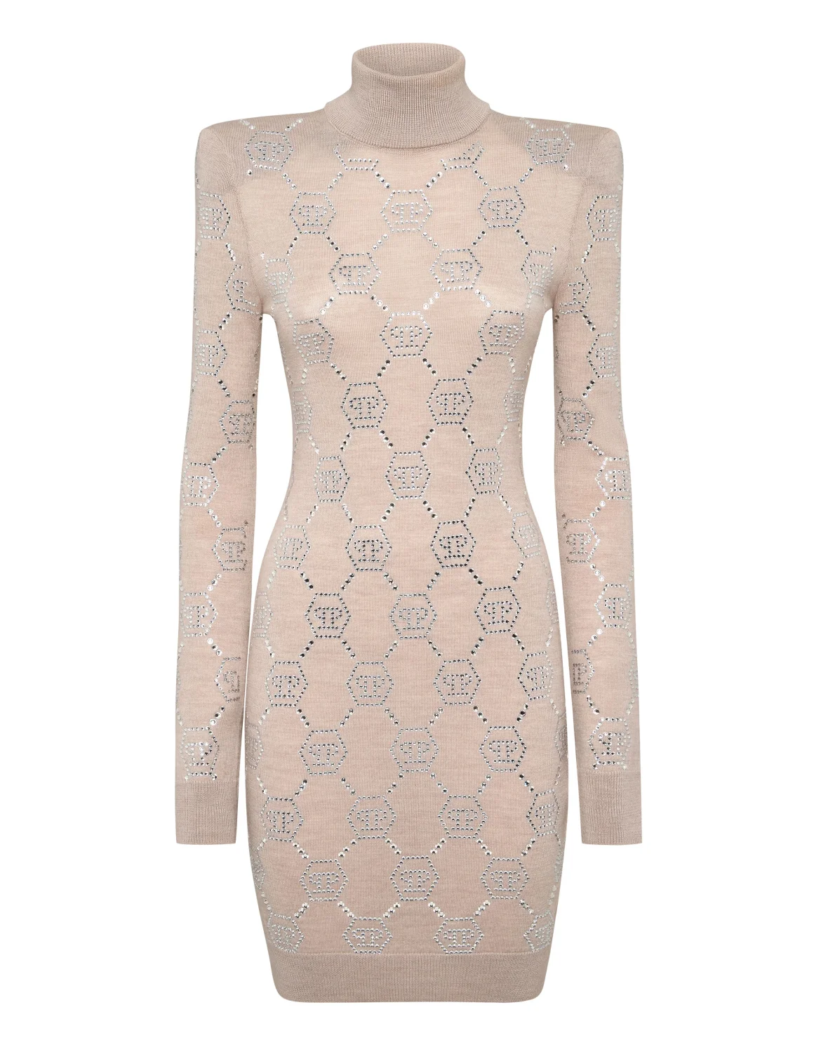 Knitted Strass Mini Dress With Padded Shoulders Monogram, цвет: Бежевый