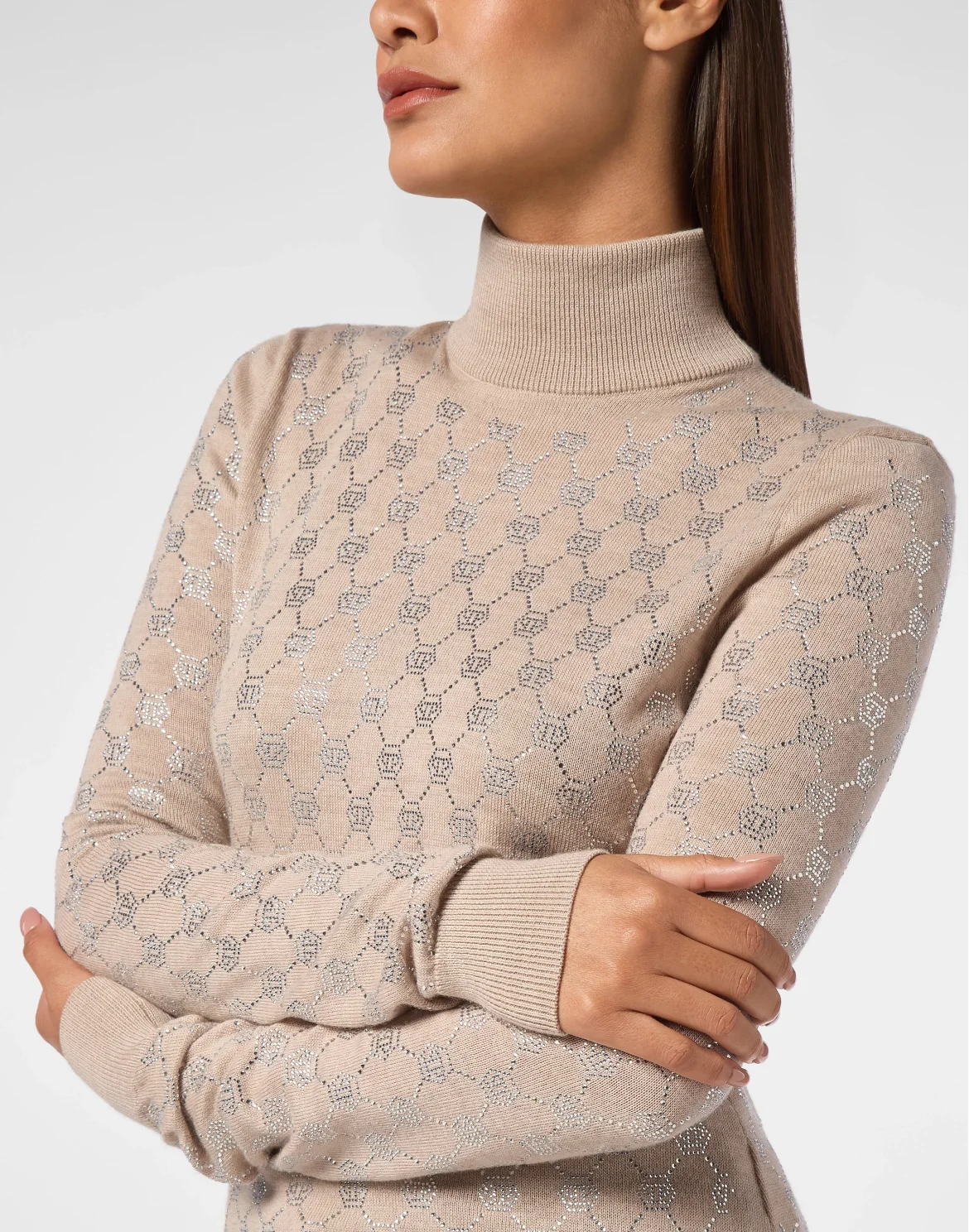 Knitted Strass Top With Padded Shoulders Monogram, цвет: Бежевый