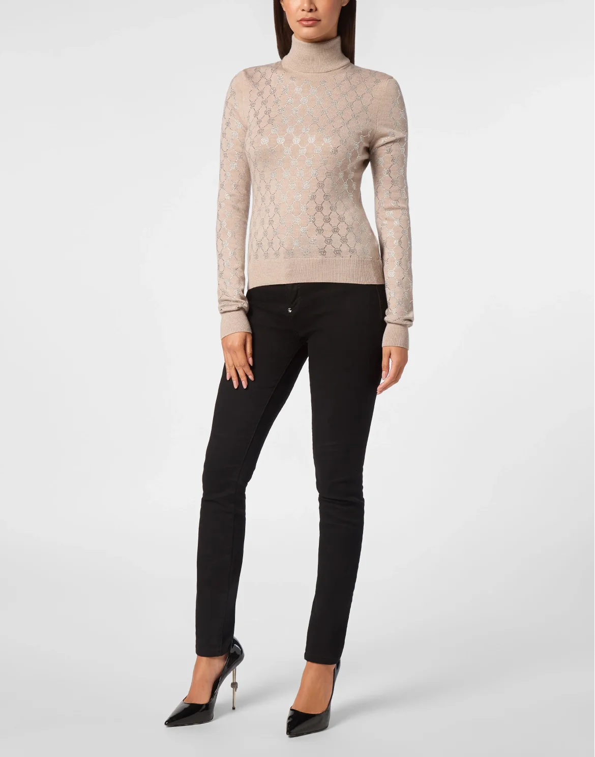 Knitted Strass Top With Padded Shoulders Monogram, цвет: Бежевый