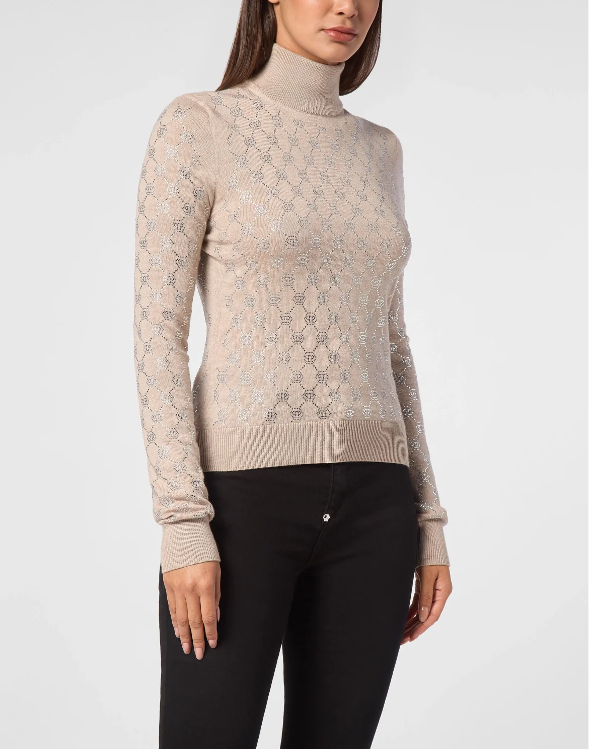 Knitted Strass Top With Padded Shoulders Monogram, цвет: Бежевый