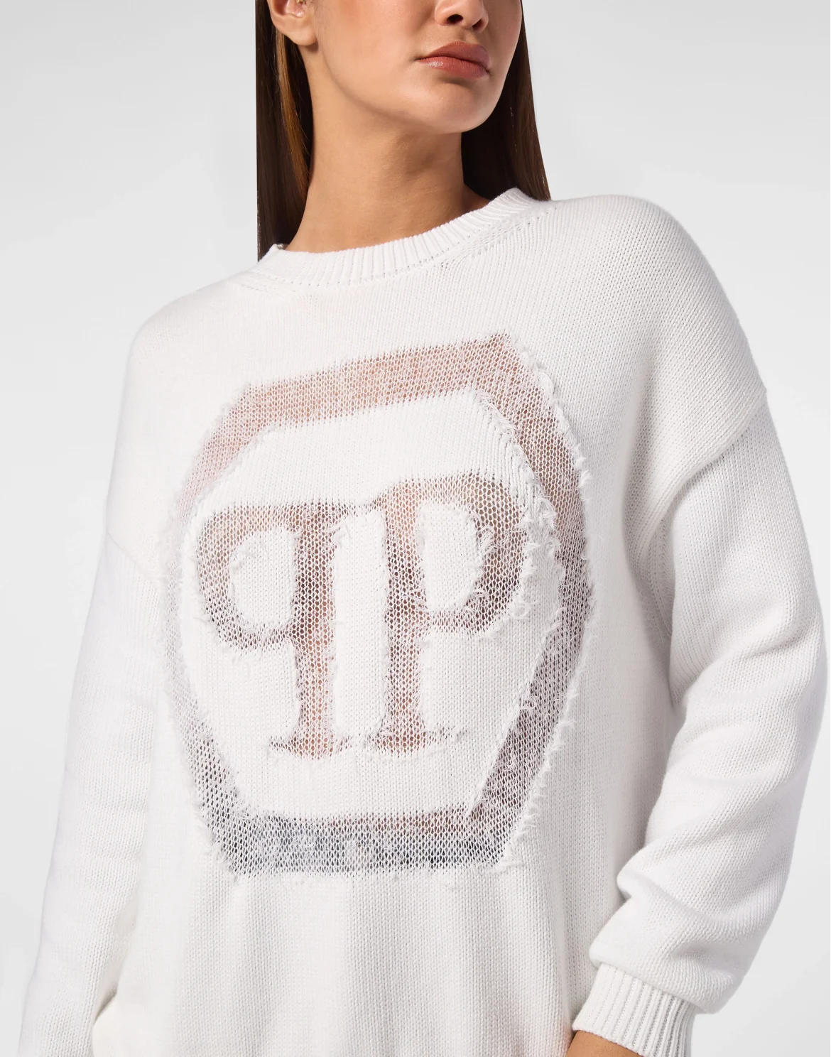 Knitted Pullover Round Neck Long-Sleeve Hexagon, цвет: Белый