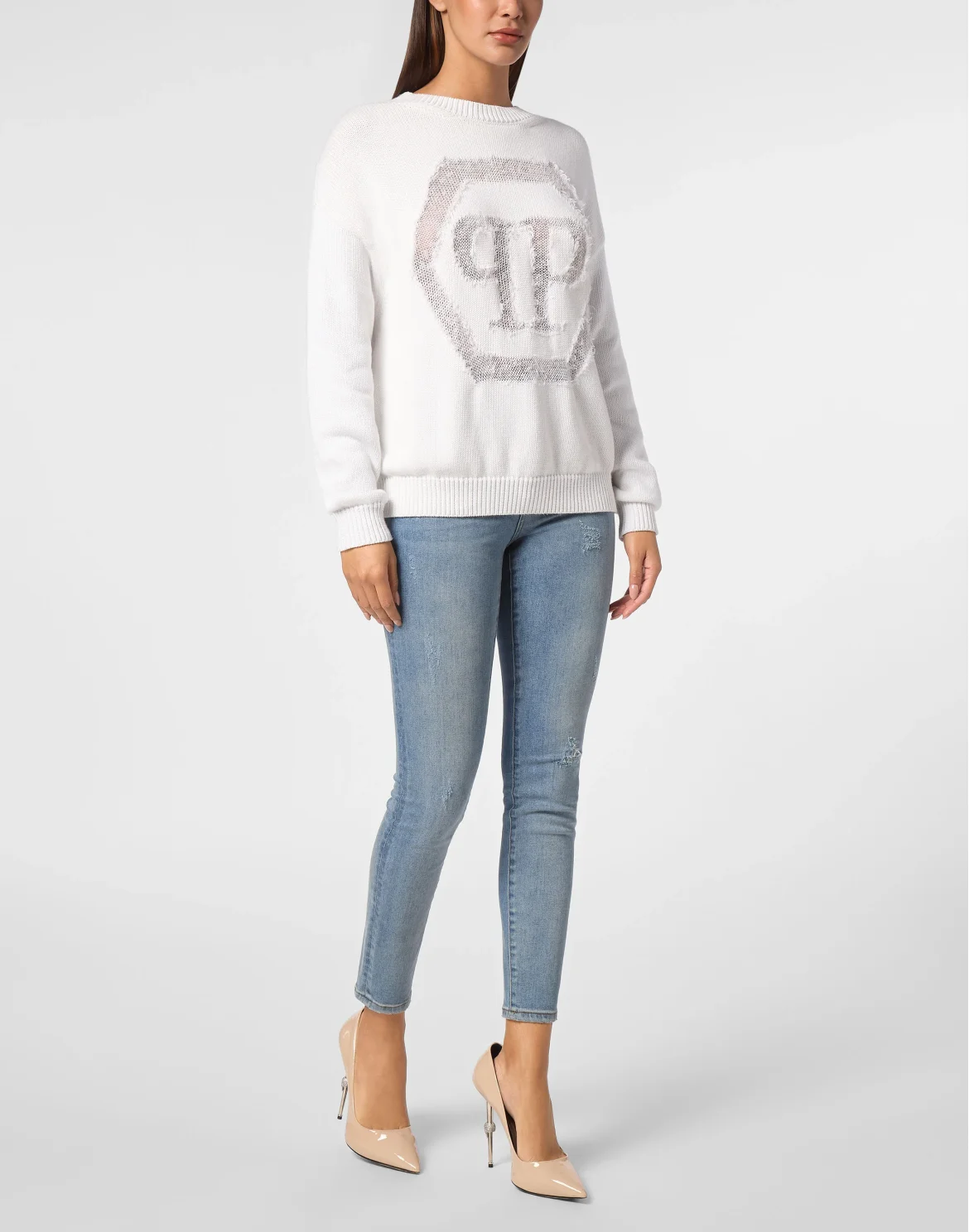Knitted Pullover Round Neck Long-Sleeve Hexagon, цвет: Белый
