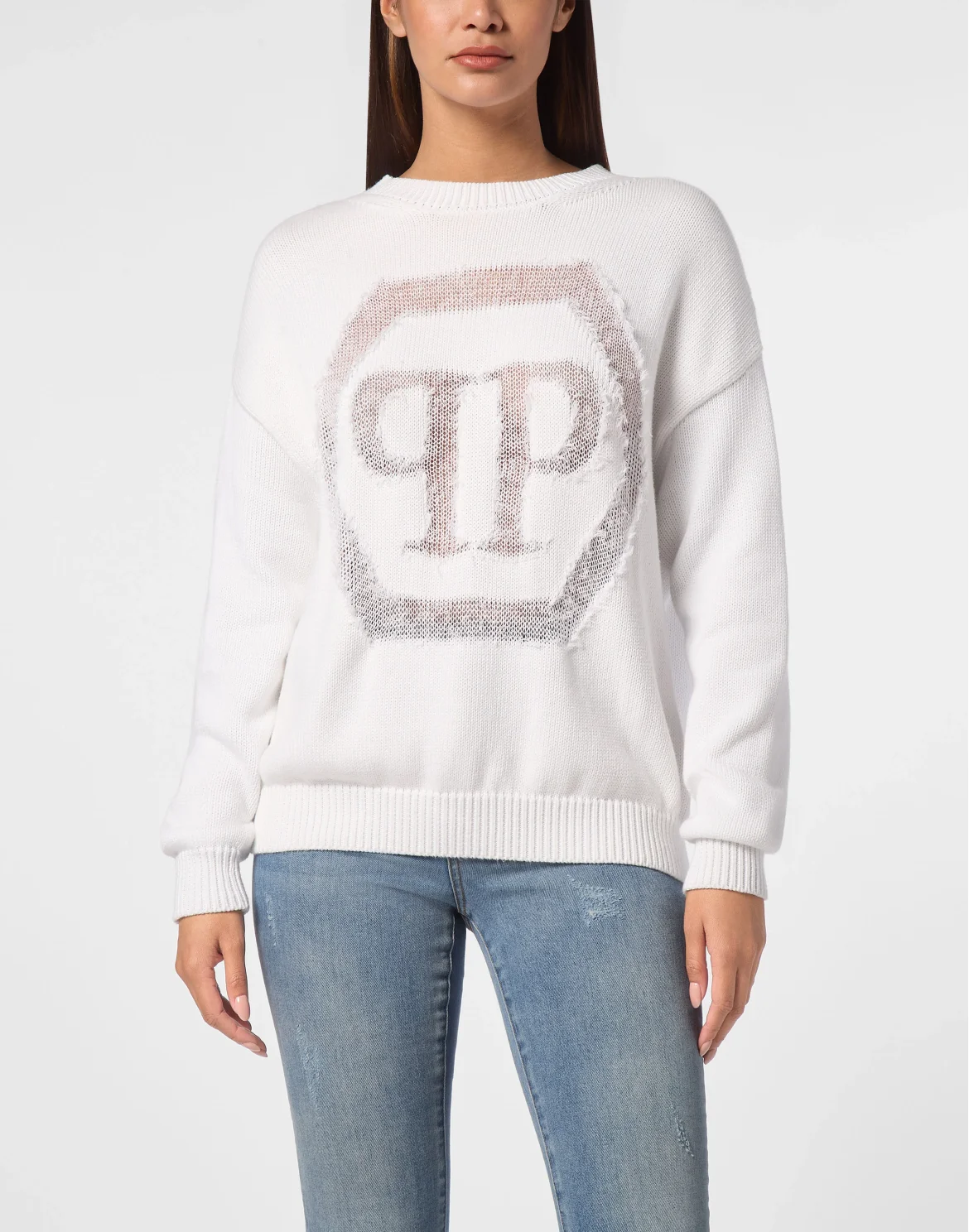 Knitted Pullover Round Neck Long-Sleeve Hexagon, цвет: Белый