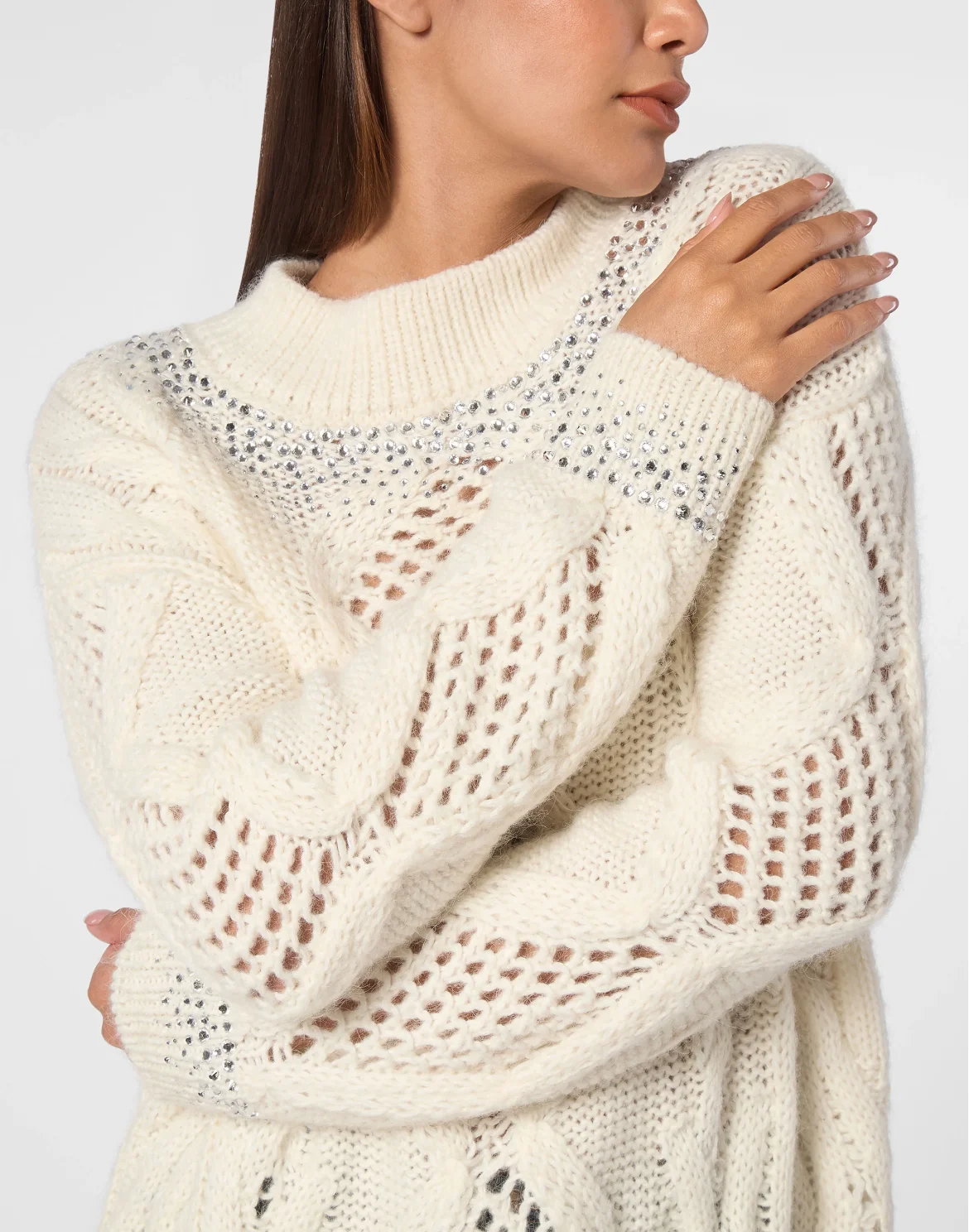 Knitted Pullover Round Neck Long-Sleeve Strass, цвет: Белый