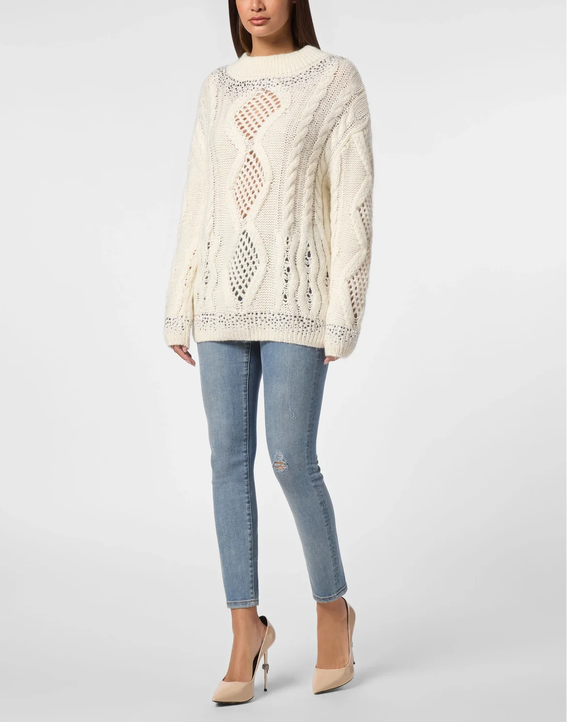 Knitted Pullover Round Neck Long-Sleeve Strass, цвет: Белый