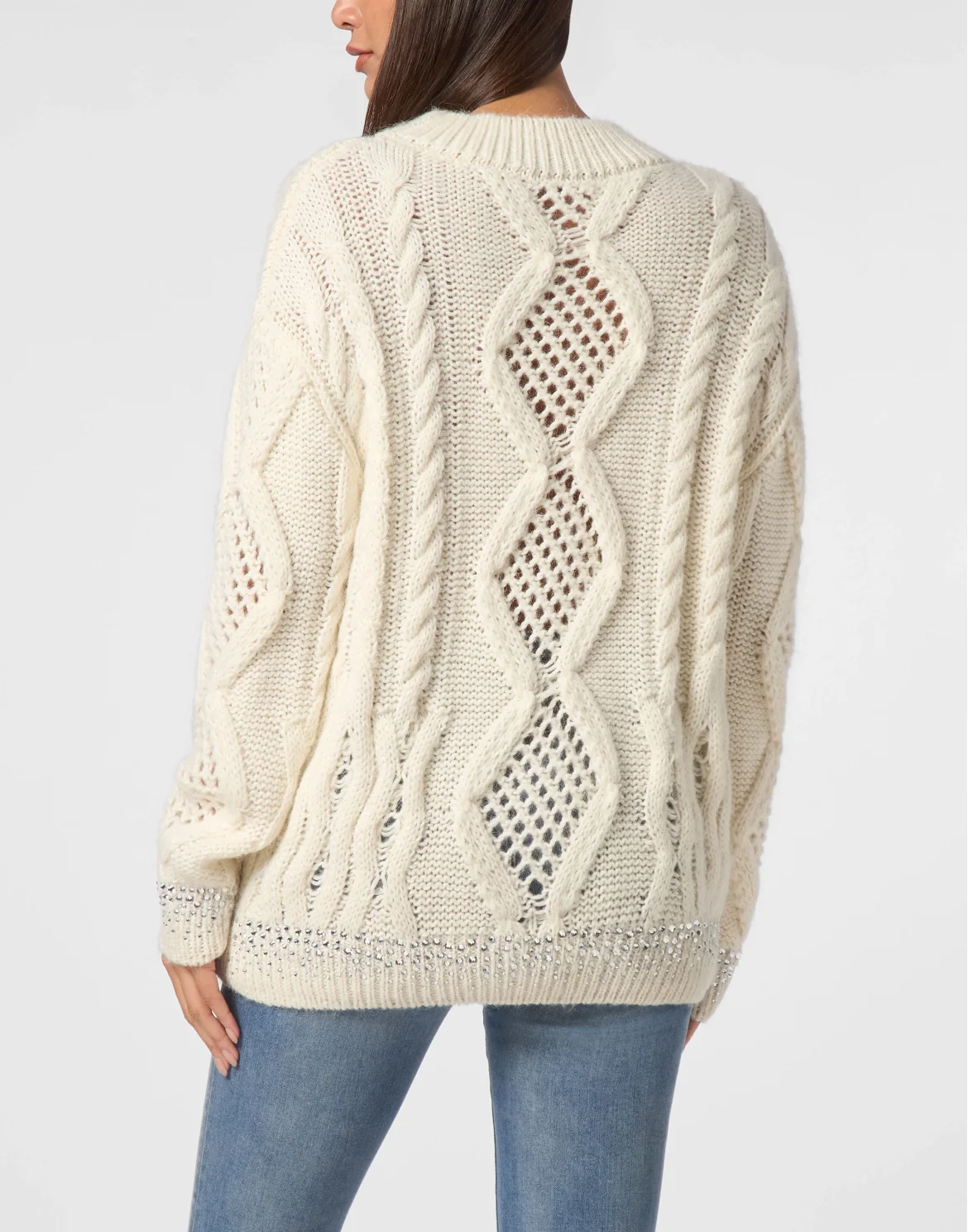 Knitted Pullover Round Neck Long-Sleeve Strass, цвет: Белый
