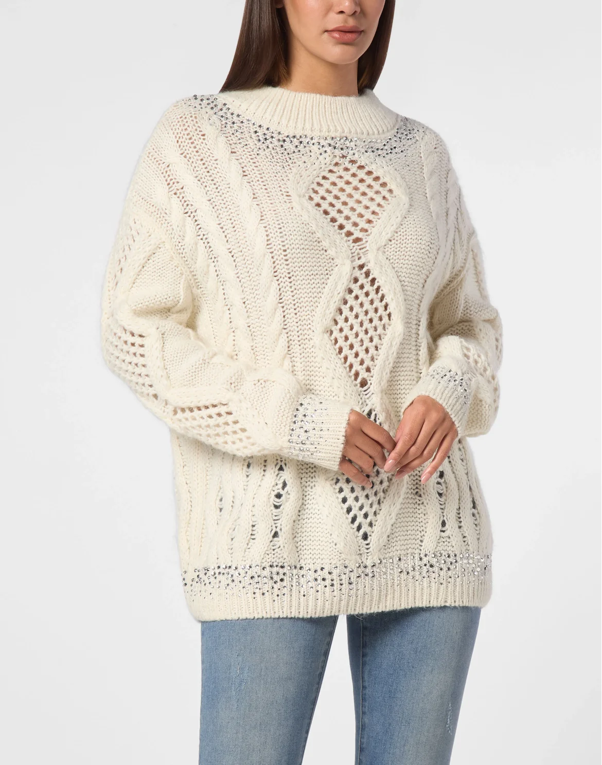 Knitted Pullover Round Neck Long-Sleeve Strass, цвет: Белый