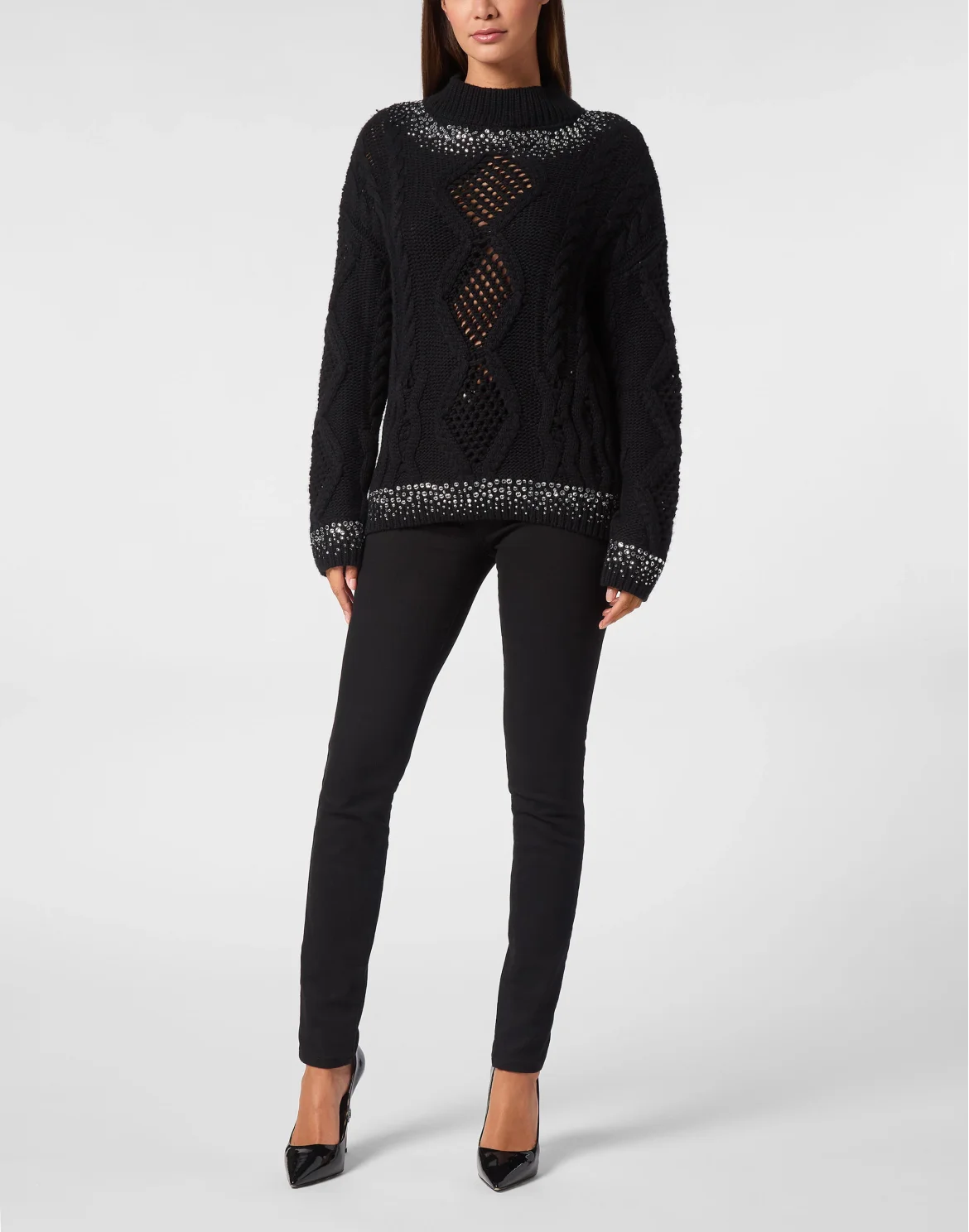 Knitted Pullover Round Neck Long-Sleeve Strass, цвет: Черный