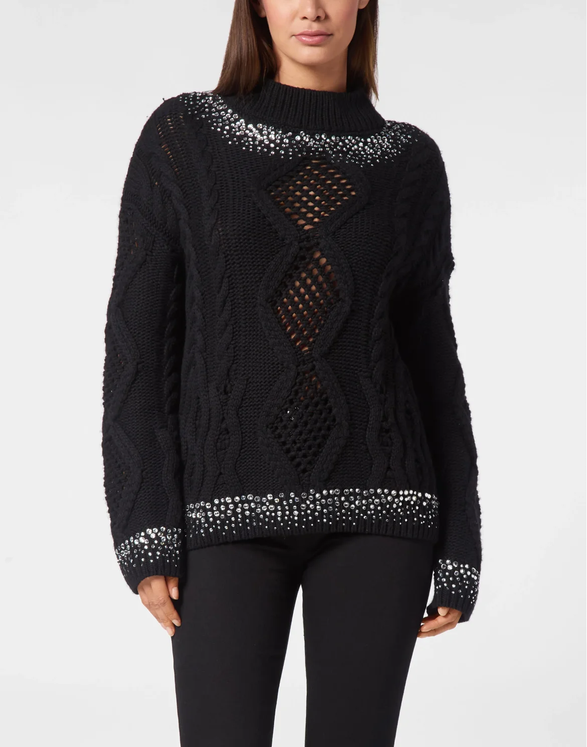Knitted Pullover Round Neck Long-Sleeve Strass, цвет: Черный