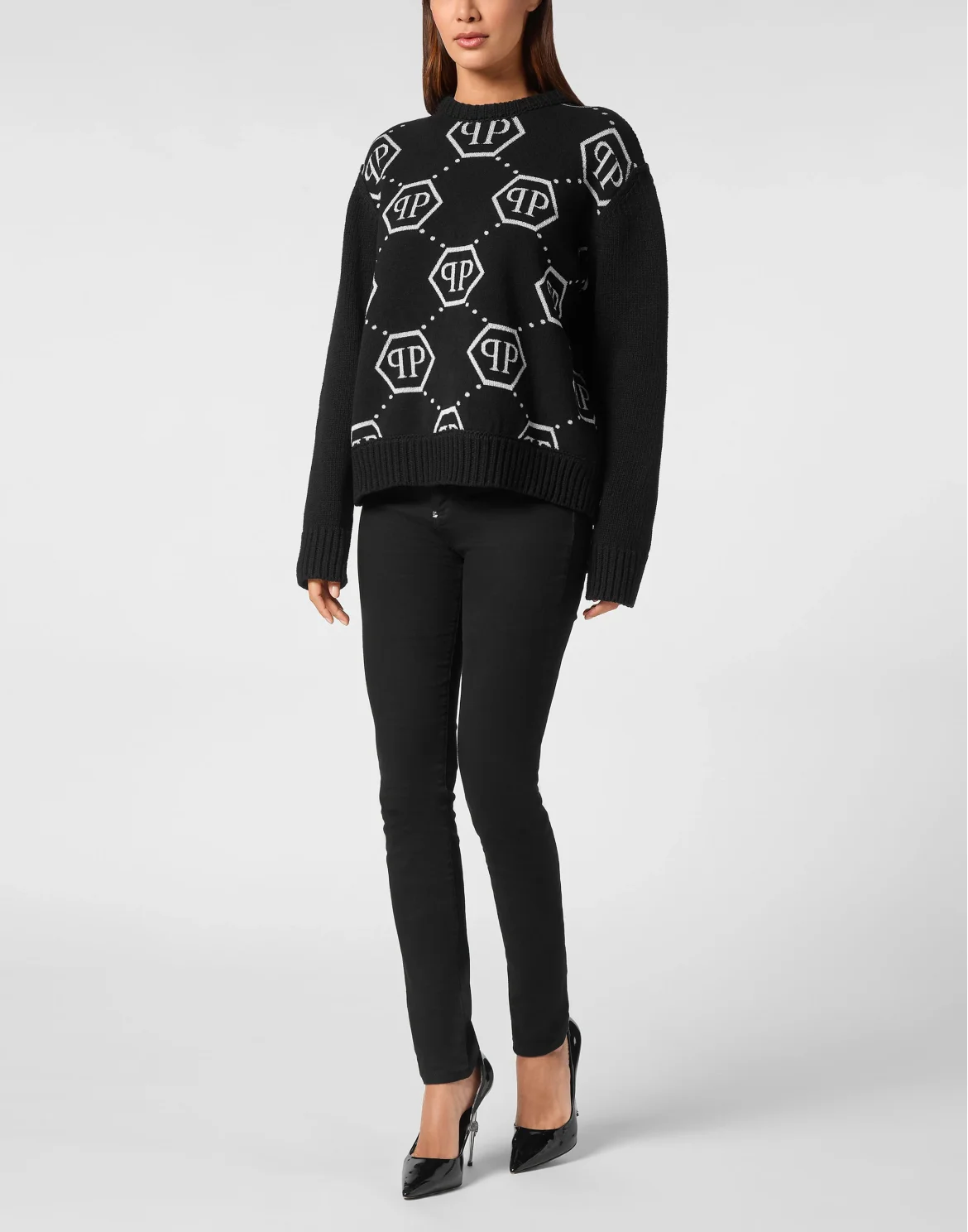 Pullover Round Neck Strass Monogram, цвет: Черный