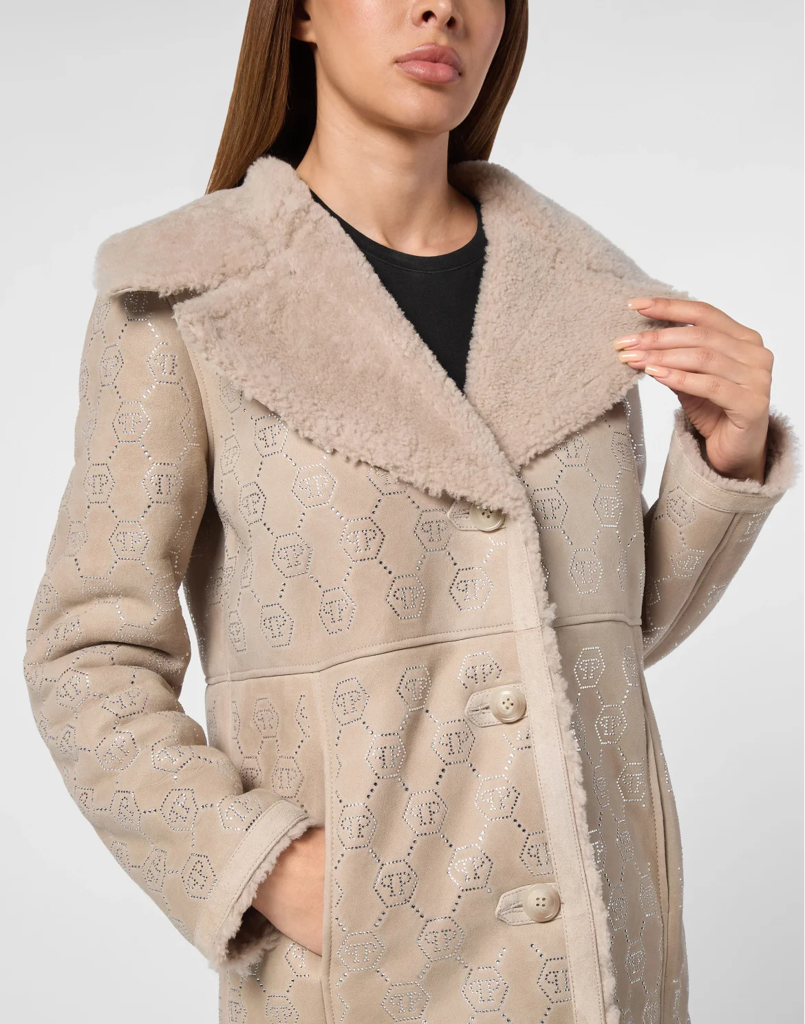 Shearling Oversize Coat Strass Monogram, цвет: Бежевый