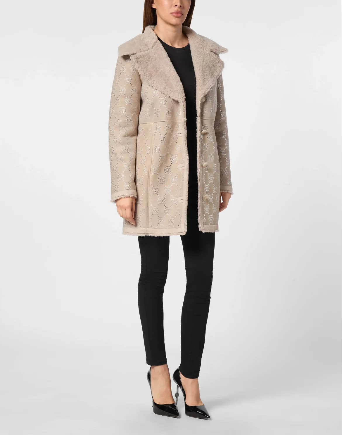 Shearling Oversize Coat Strass Monogram, цвет: Бежевый