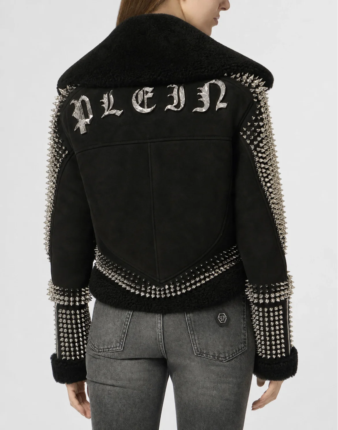 Shearling Leather Cropped Jacket Studs, цвет: Черный