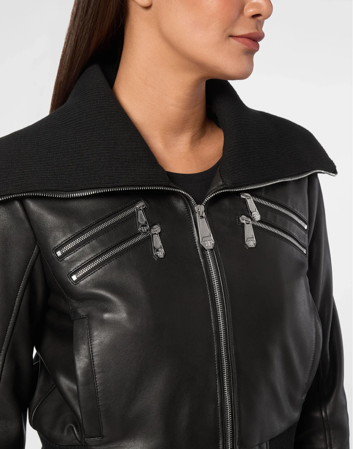 Leather Jacket With Knitted Collar, цвет: Черный