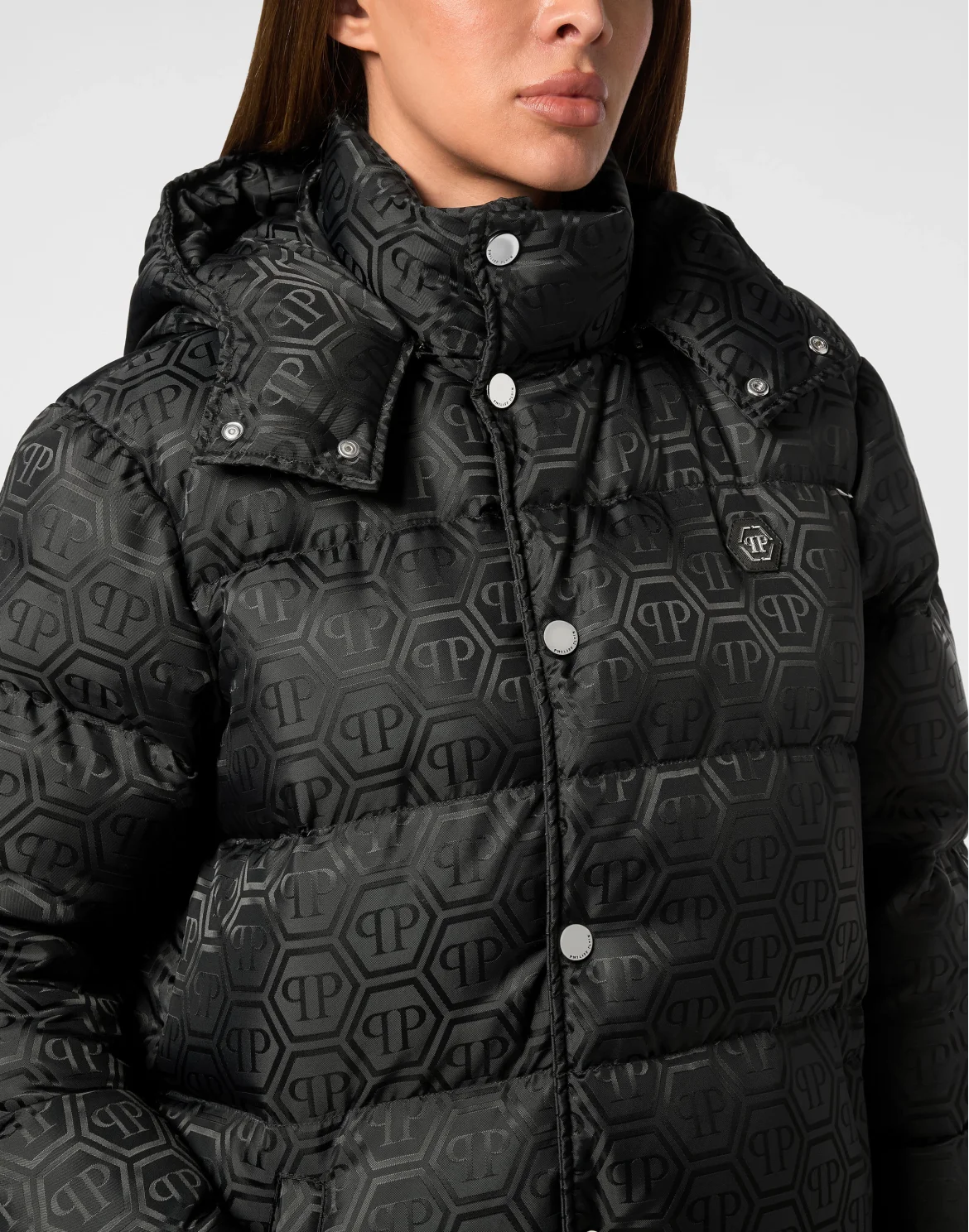 Nylon Jacquard Long Puffer Jacket Monogram, цвет: Черный