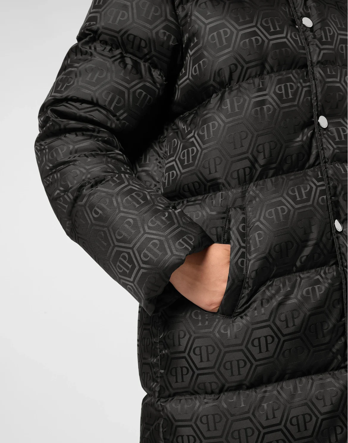 Nylon Jacquard Long Puffer Jacket Monogram, цвет: Черный